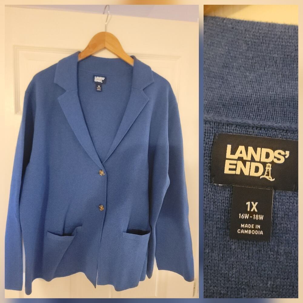 Lands' End Knit Blazer Women's SZ 1X Office 100% Cotton Layering Timeless Blue